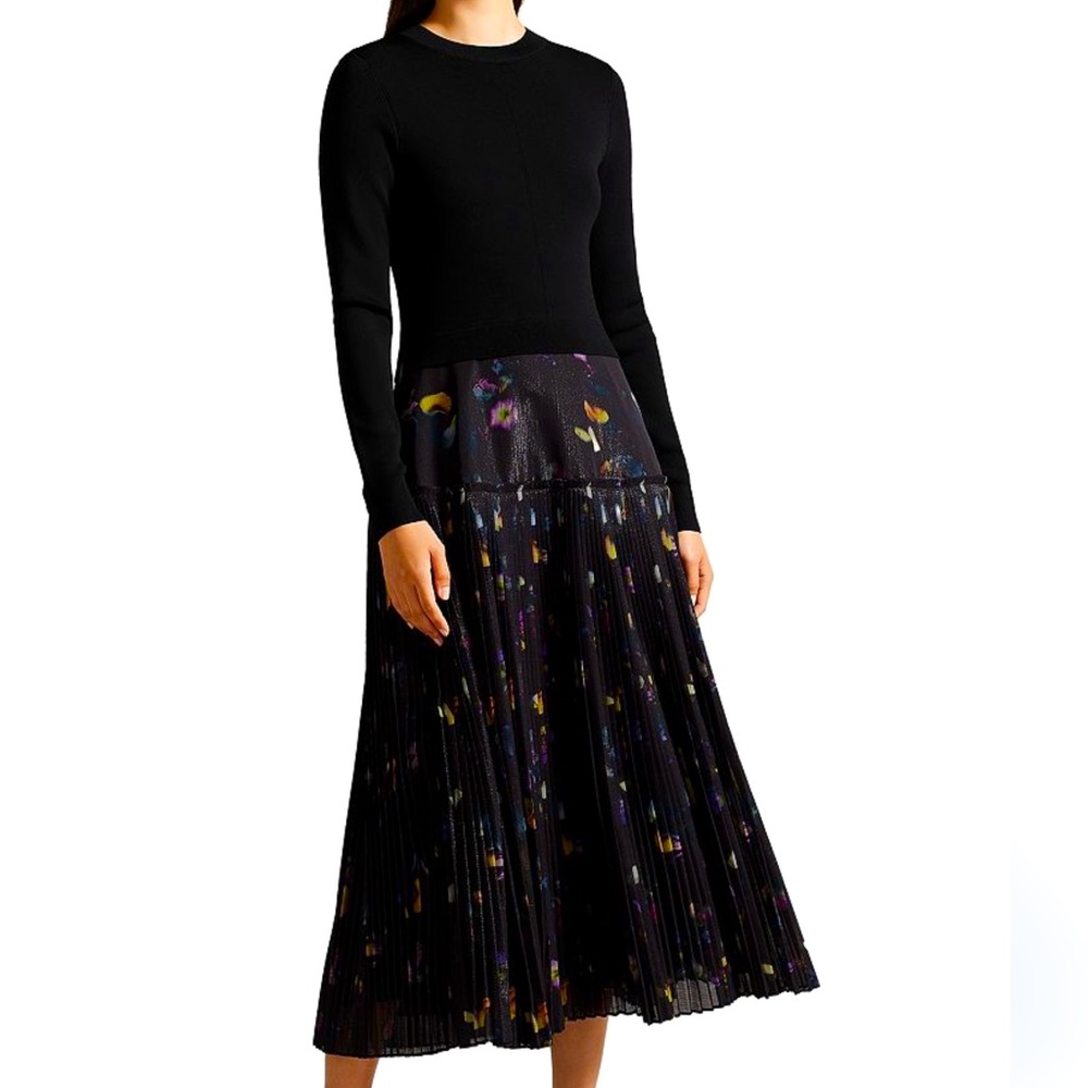 Ted Baker London Black Knit Top with Pleated Floral Midi Skirt